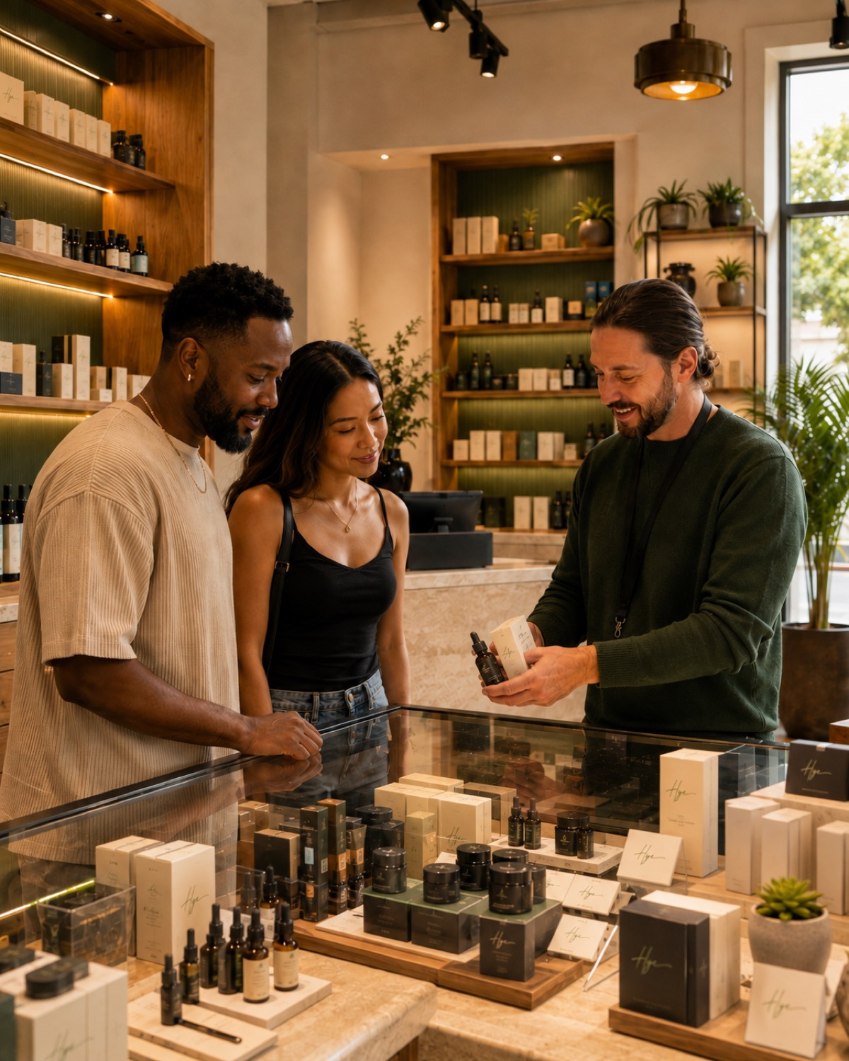 A Hye Grade budtender shows a product to two adult guests across the counter inside the Northeast Minneapolis dispensary, with warm wood shelving and cream light.