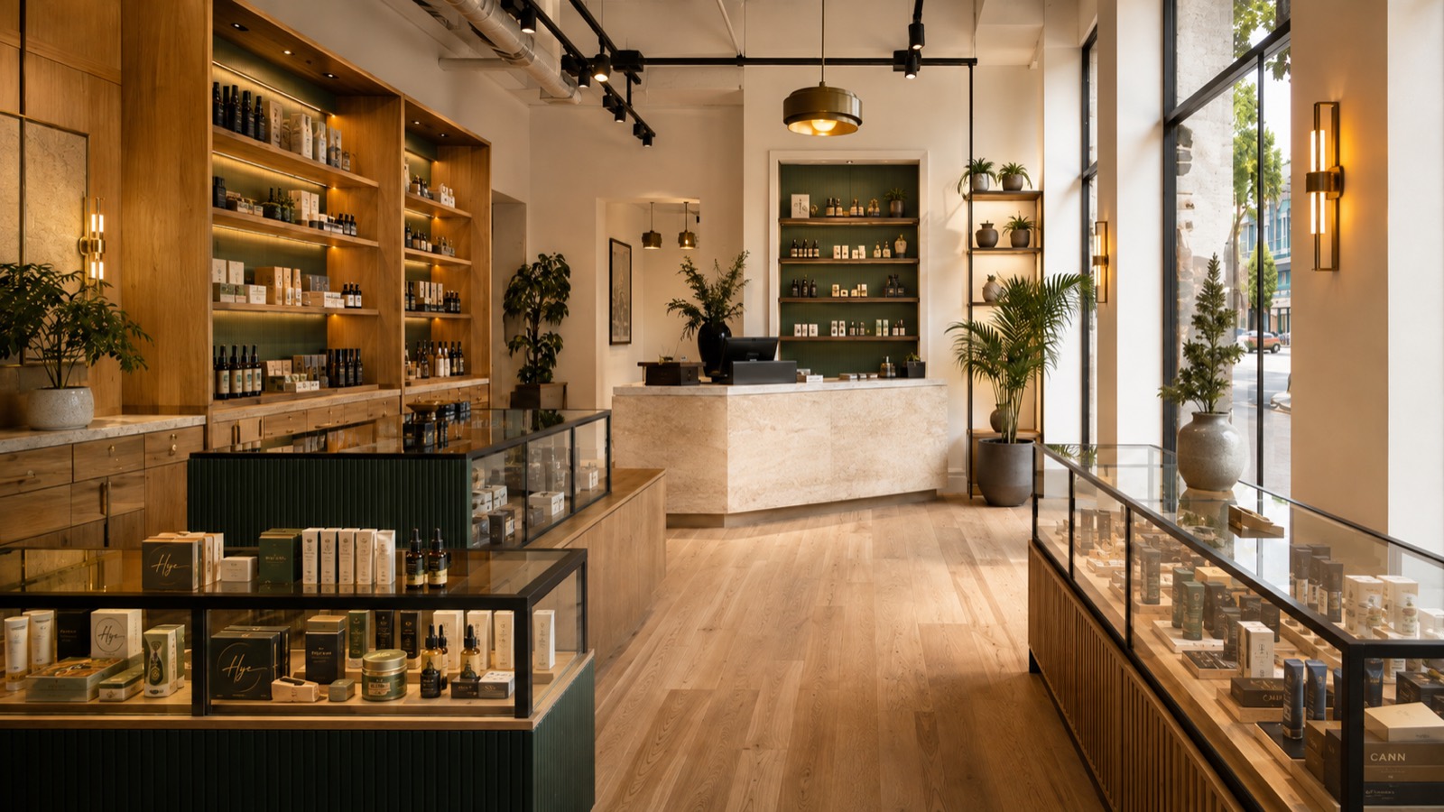 Warm, light-filled interior of the Hye Grade dispensary in Northeast Minneapolis, with wood shelving, forest-green fixtures, and glass display cases.